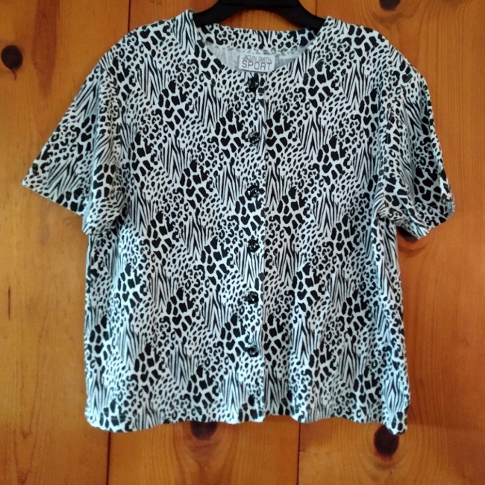Jaclyn Smith Sport Knit Animal Print Button Down Top